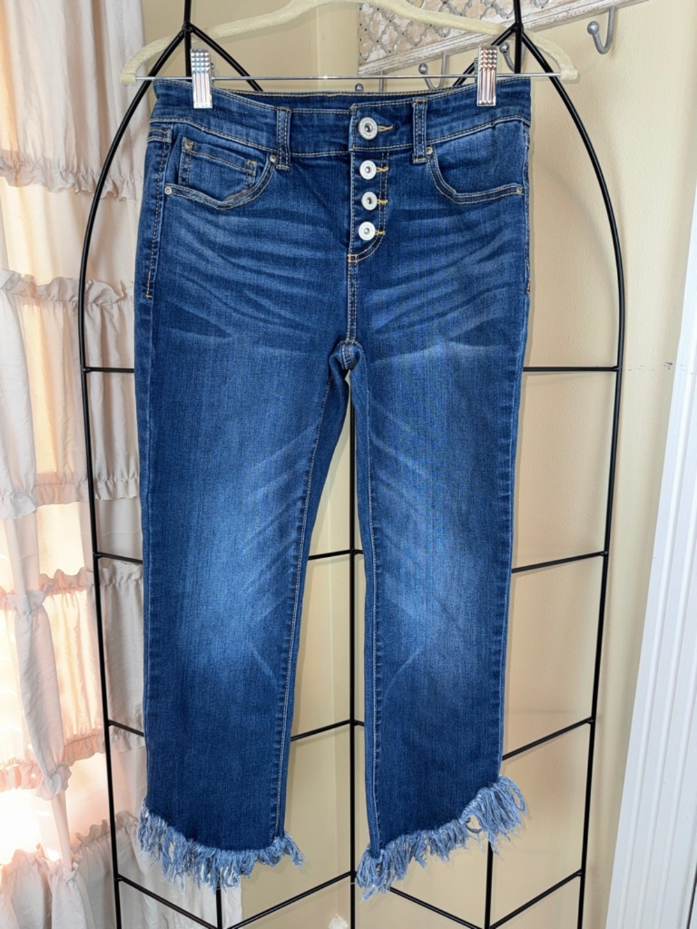 INC International Concepts Frayed Hem Dark Blue Cropped Button-Fly Jeans Size 4P